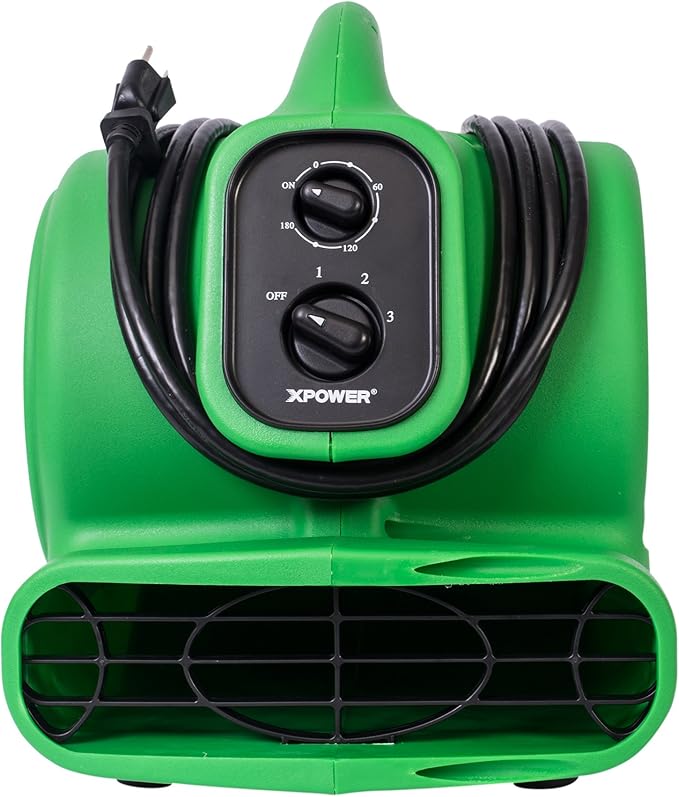XPOWER P-230AT Mini Mighty 1/4 HP 925 CFM Centrifugal Air Mover, Carpet Dryer, Floor Fan, Blower, Stackable, Daisy Chain, for Water Damage Restoration, Janitorial, Plumbing, Home Use, Green