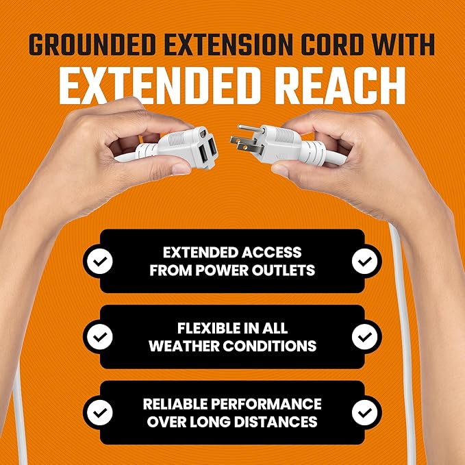 Heavy Duty Extension Cord/Wire Power Cable, Indoor/Outdoor, 16/3, Single Outlet, 25 Feet, UL Listed, White