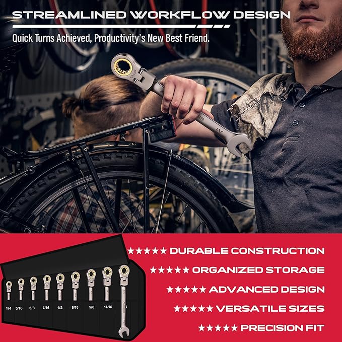 9-Piece SAE Flex-Head Ratcheting Combination Wrench Set - Premium 72-Teeth Gear Chrome Vanadium Nickel Plated with Organizer Bag