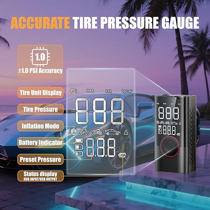 Tire Inflator, Cordless Tire Air Compressor with LED & 150PSI Digital Pressure Gauge, Portable Inflator for Car, Motorcycle, Bike & Sports Equipment, Black