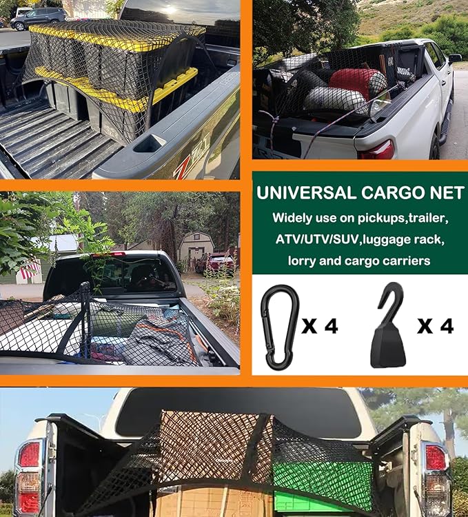 Cargo Net for Pickup Truck Bed Stretchable 4'x4' to 7'x7', Ideal for ATV, SUV, UTV, Trailer Tarp, Truck and Boat Use (Single Layer)