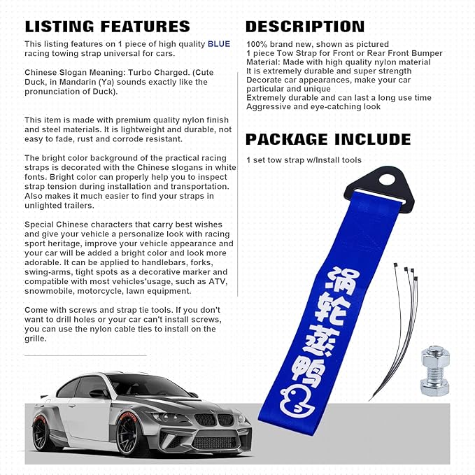 x xotic tech Tow Strap JDM Sports Blue Racing Tow Strap Car Modification Decorative Trailer Belt Personalized with Chinese Slogan Fit for Rear Front Bumper (Turbo Charged)