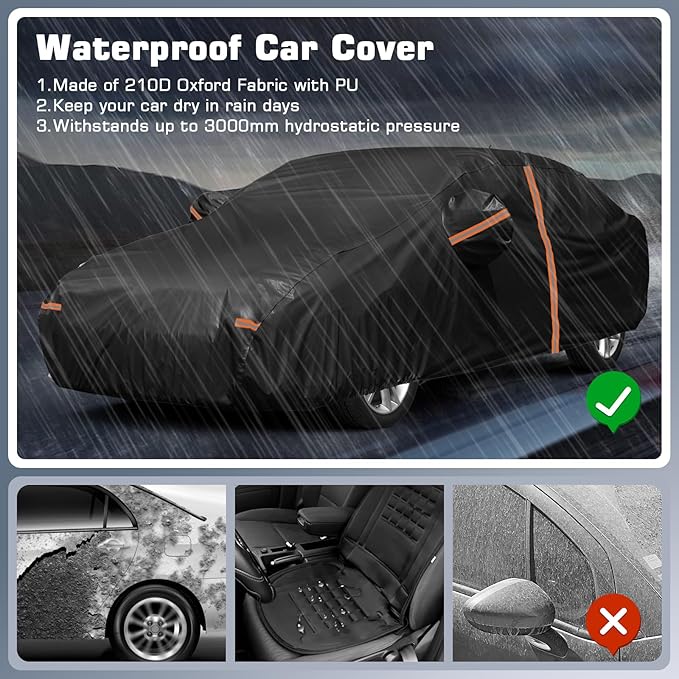 Waterproof Car Cover for 2011-2025 VW Jetta, All Weather Sedan Outdoor Sun UV Rain Dust Snow Wind Protection Cover for Automobiles with Zipper Door & Windproof Bands (Black)