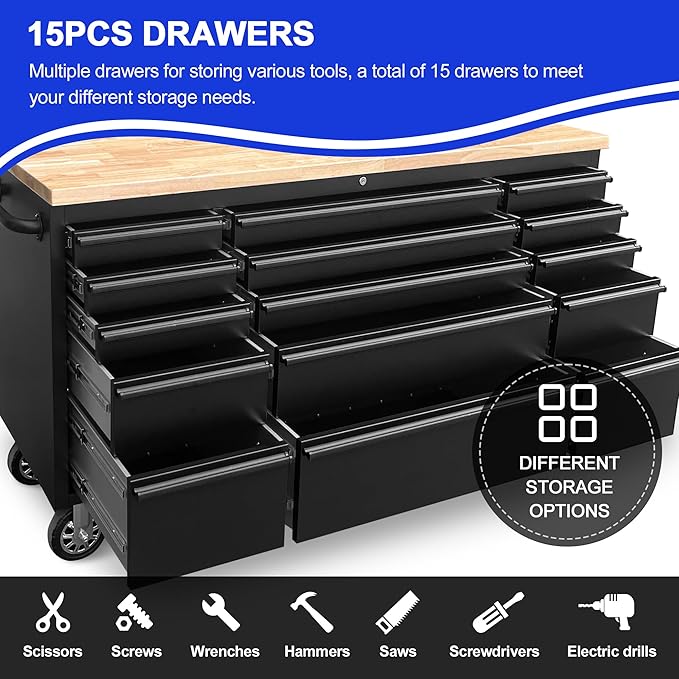 72-Inch Steel Rolling Tool Box with 15 Drawers, Heavy-Duty Mobile Garage Workbench, Lockable Large Tool Chest Storage Cabinet with Wheels for Workshop, Matte Black Finish