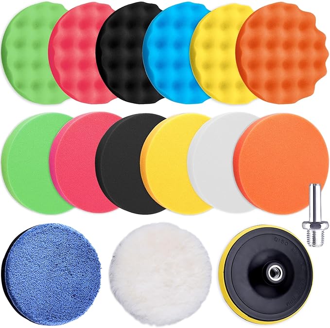 SIQUK 16 Pieces Buffing Pads 5 Inch Car Polishing Pad Kit Foam Polish Pads Wax Buffer Polisher Attachment for Drill