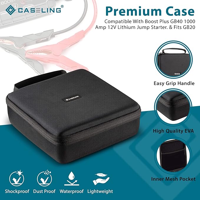 caseling Hard EVA Case Fits Boost GB40, GB20, GB50 12V Lithium Jump Starters - Storage Bag for Car Battery Booster and Cables.