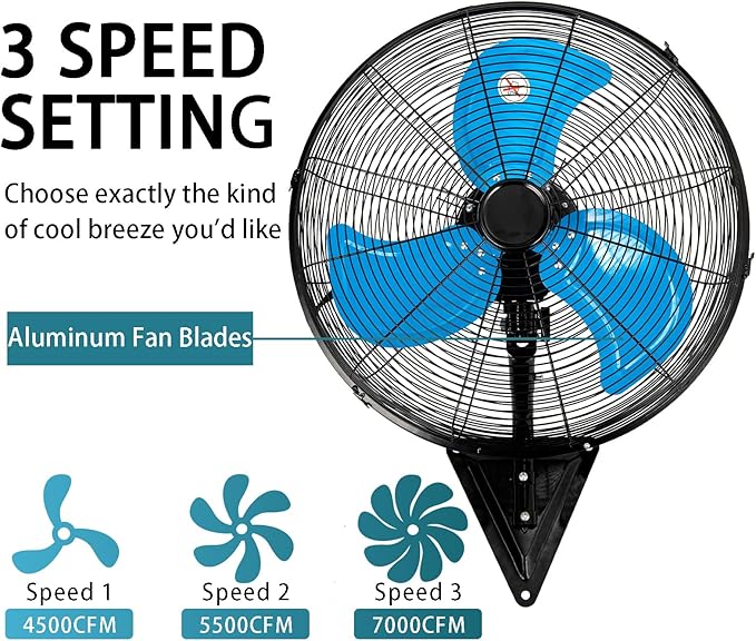 AZOUTDOOR Wall Mount Fan 7000 CFM, 20" High Velocity Wall Oscillating Fan 3-Speed Industrial Walls Fans for Indoor, Ercial, Residential, Industrial, Warehouse, Greenhouse, Workshop, Basement Use-ETL