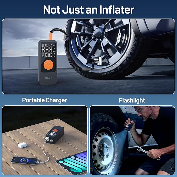 BEVA Tire Inflator Portable Air Compressor, 4X Faster Inflation Air Pump with Digital Pressure Gauge, 150PSI Cordless Tire Inflator with LED Light for Car, Electric Bikes, Motorcycle, Bike, Ball