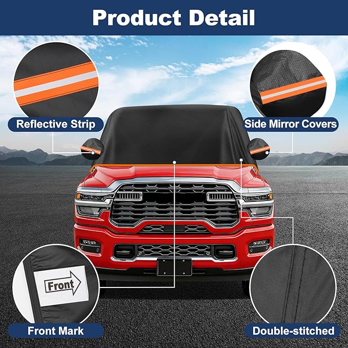 QUNSUNUS Truck Cover for Dodge Ram 1500/2500/3500 Crew Cab All Years,Waterproof Half Truck Cab Cover with Cotton Liner, All Weather Ram 1500 Cab Cover with Adjustable Straps and Zipper