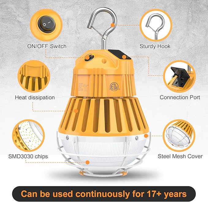 LED Temporary Work Light 100W, 13000LM 5000K Portable Hanging Construction Light with 10ft Cable Plug and Sturdy Hooks Linkable LED Work Light for Job Site Lighting, Workshop, Garage ETL Listed