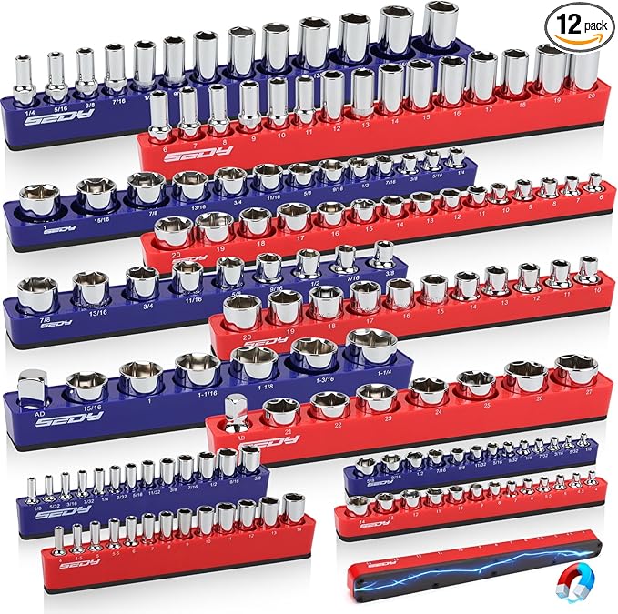 12-Piece 1/4" 3/8" 1/2"-Drive SAE & Metric Magnetic Socket Organizer Set (Holds 143 Sockets) -Detachable Tool Tray with 5mm Magnetic Base for Garage/Home(Sockets Not Included)