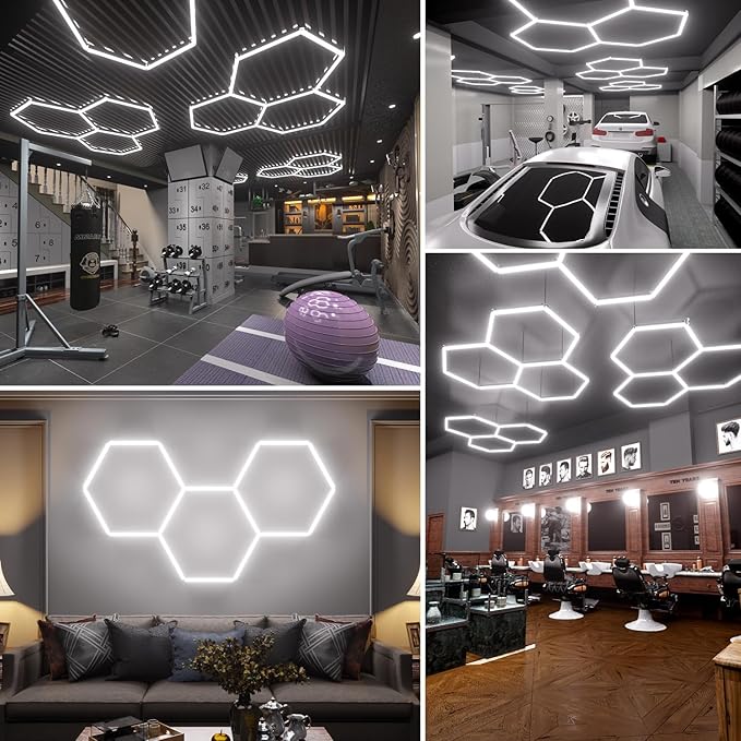 Hexagon Garage Lights, 3-HEX Updated Bigger Size, 19200lm Super Bright Car Detailing Ceiling, Led Hexagon Lights, Honeycomb Lights for Detailing, Home Gym, DIY Workspace, Basement Garage