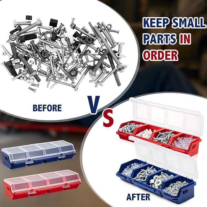 Hushee 4 Pcs Screw Organizer Box with Lid 4 Compartments Tool Bin Divider Plastic Stackable Hardware Organizer Small Part Storage Sorting Screw Box for Garage Workbench Craft Storage (Blue,Red)