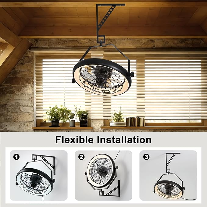 23" Wall Mount Fan with Light,3 CCT, Dimmable,Quiet 6 Speed Wall Mounted Fan with Remote/App Control, Timer, 360° Adjustable Tilt Plug in Wall Fan for Garage,Patio,Tool Room,Home