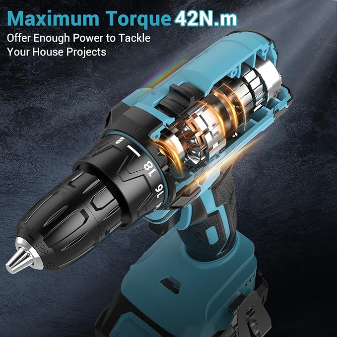 21V Power Drill Cordless, Bamse Electric Drill Set with 2.0Ah Battery Charger, 3/8”Keyless Chuck, 2 Variable Speed, 18+1 Torque, 20pcs Driver Bits and Belt Hook for DIY Projects, Blue