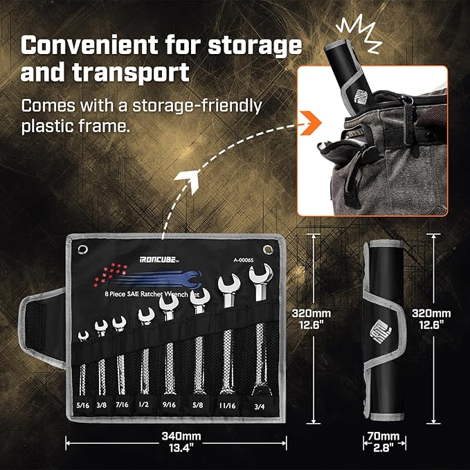 Ratcheting Wrench Set, 8-piece, SAE Wrench Set 5/16" to 3/4", 72-Teeth Gear CR-V Steel Mirror Polished, with Carrying Bag For Auto Repair