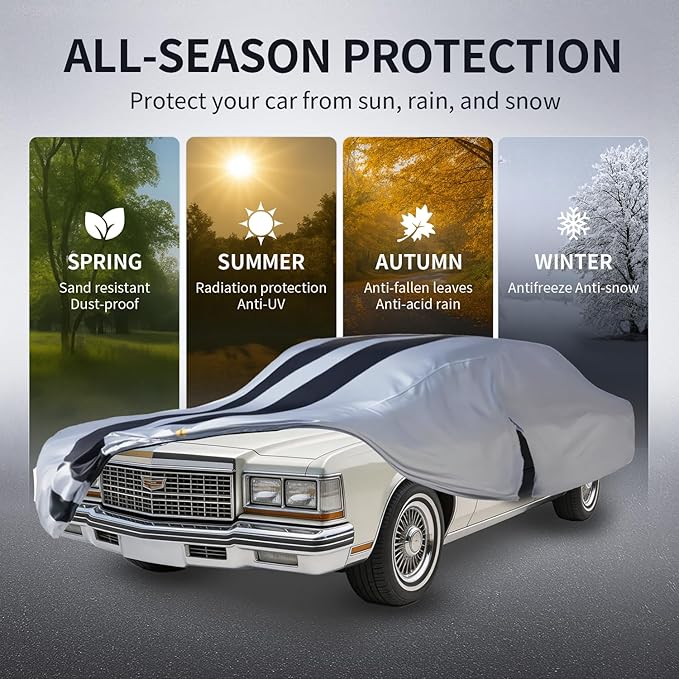 Multi-Layer Car Cover Custom Fit for Cadillac DeVille(1994-199), 100% Waterproof All Weather for Automobiles, Gift with Towel, Heavy Duty Car Covers for Rain Sun UV Protection with Door Zipper.