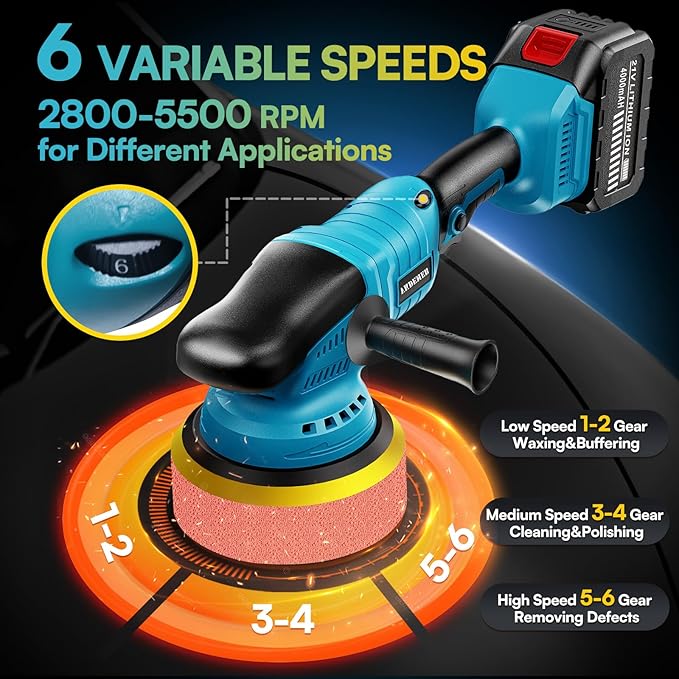 Upgrade Cordless Car Buffer Polisher with 21V 2×4000mAh Battery,6 In Brushless Buffer Polisher Kit, 600W Orbital Polisher with 6 Variable Speed for Car Detailing Waxing Scratch Removing