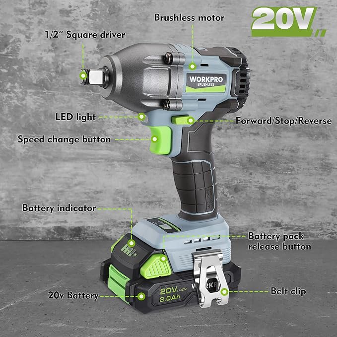 WORKPRO 20V Cordless Impact Wrench 1/2 in, Brushless Impact Gun with Battery and Charger, High Torque 370 ft-lbs (500N.m), LED Work Light and Belt Clip Included