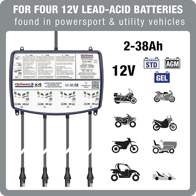OptiMate3 0.8A x4 Bank, Smart Quad-Bank Battery Saving Charger for 12V Lead-acid Motorcycle and Powersport Batteries