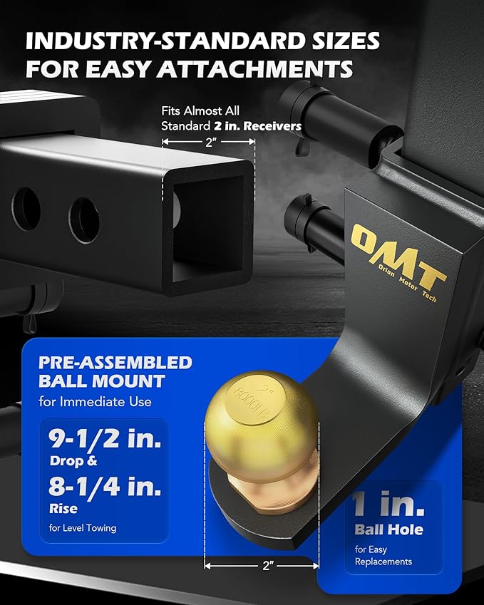 Orion Motor Tech Trailer Hitch Ball Mount, Adjustable Tow Hitch for 2" Receiver with 2" Ball 9-1/2" Drop 8-1/4" Rise 8000 lb. Capacity, Heavy-Duty Drop Hitch with 3 Locking Hitch Pins for Truck Boat