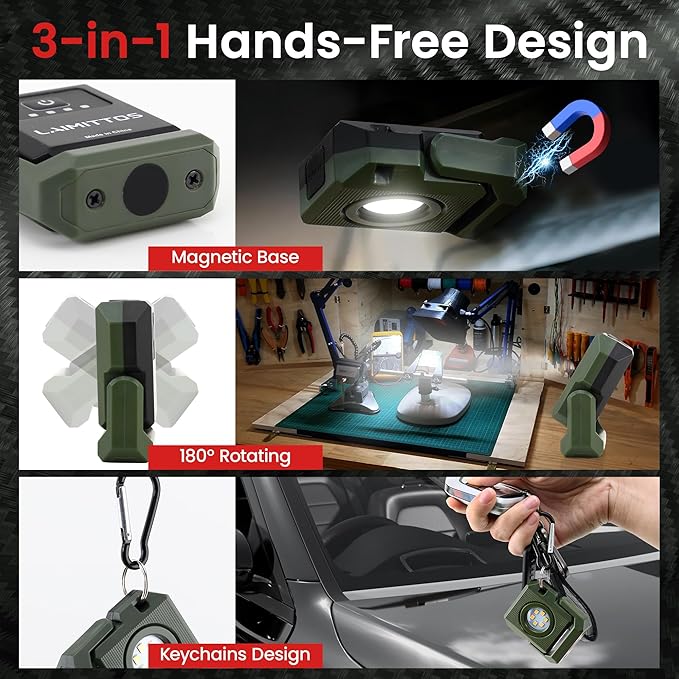 Mini Rechargeable LED Work Light, 550 Lumens Magnetic Flashlight Keychain Lights with Rotatable & Magnet Base Portable Mechanic Light for Car Repairing Outdoors Camping