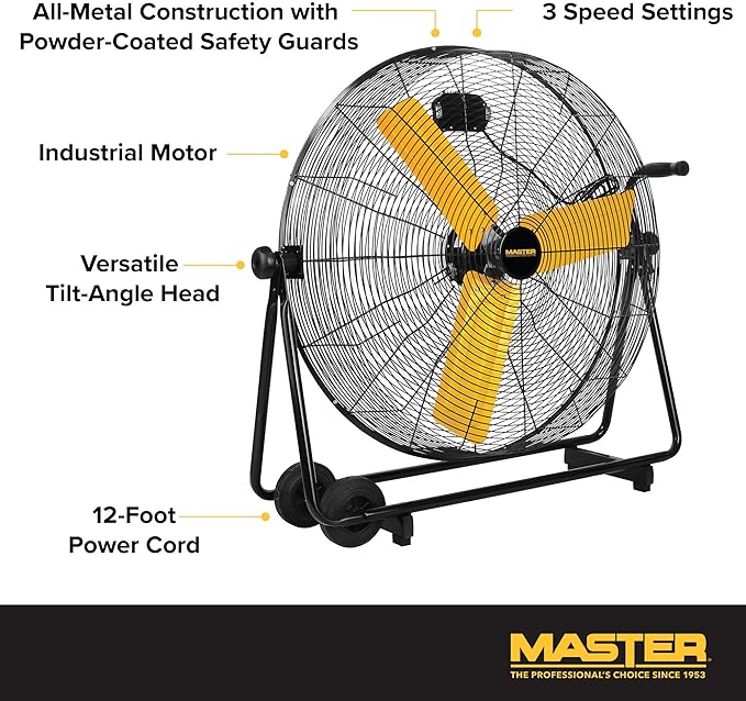 Master 30 Inch Industrial High Velocity Floor Fan - Use for Shop, Garage or Warehouse. All-Metal Construction with Steel-Coated Safety Grill, 3 Speed Settings, Tiltable (MAC-30BCT)