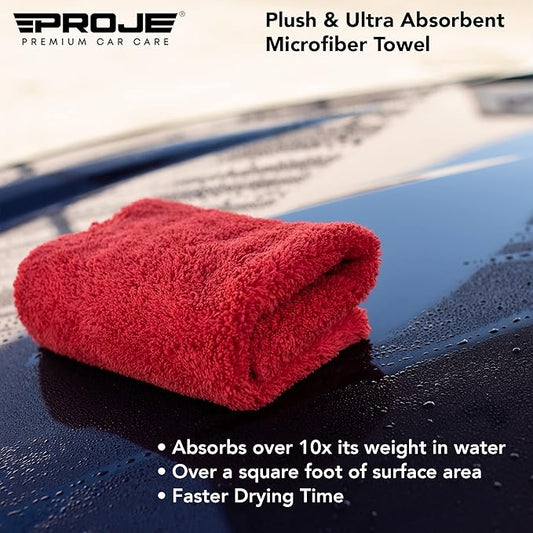 PROJE' Red Microfiber Towel for Car - Ultra Absorbent - Car Drying, Polishing, Buffing Cloth & Interior Detailing Towel - 500 GSM 16x16in - Auto Detailing Supplies - Pack of 3