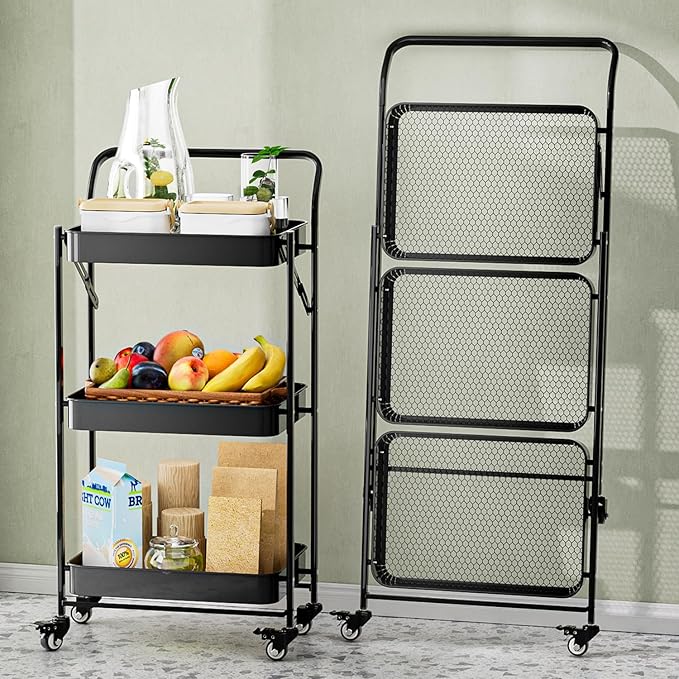 JAQ No Assembly Foldable Rolling Cart, 3 Tier Black Metal Folding Utility Cart with Handle, Heavy Duty Mobile Storage Organizer on Wheels for Office, Garage, Tools & Kitchen (Black)