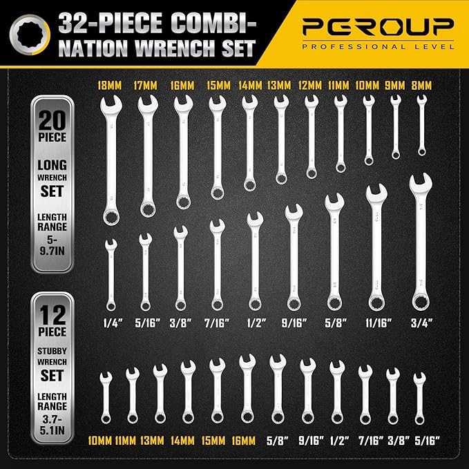 32 Piece SAE & Metric Combination Wrench Set, 20PCS Long Wrenches and 12PCS Stubby Wrenches, Open End and 12-Point Box End, CR-V Steel Mirror Chrome Polished