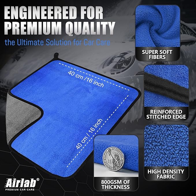 Airlab Microfiber Towels for Cars Wash Drying Thick Plush Cleaning Cloth Auto Detailing Super Absorbent for Interior & Exterior Lint Free, Streak Free, 16" X 16", 800 GSM, Pack of 4