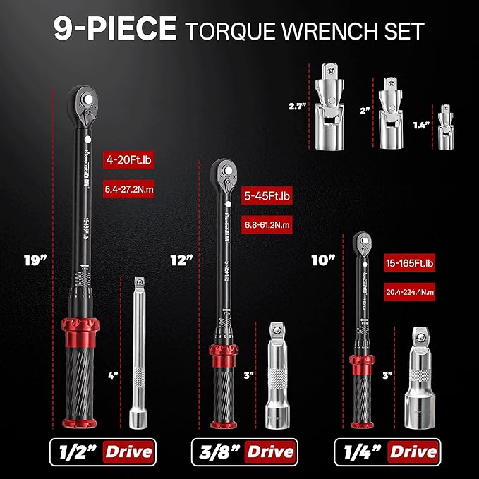 9pcs Click Torque Wrench Set, CNC Machining Handle, 1/4" 3/8" 1/2" Drive Dual-Direction Adjustable, 4-20Ft.lb / 5-45Ft.lb / 15-165Ft.lb, Dual-Scales ±3% Accuracy for Bicycle Motorcycle Car
