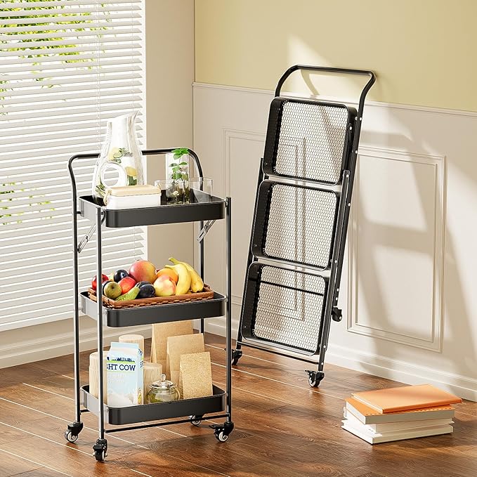 JAQ No Assembly Foldable Rolling Cart, 3 Tier Black Metal Folding Utility Cart with Handle, Heavy Duty Mobile Storage Organizer on Wheels for Office, Garage, Tools & Kitchen (Black)