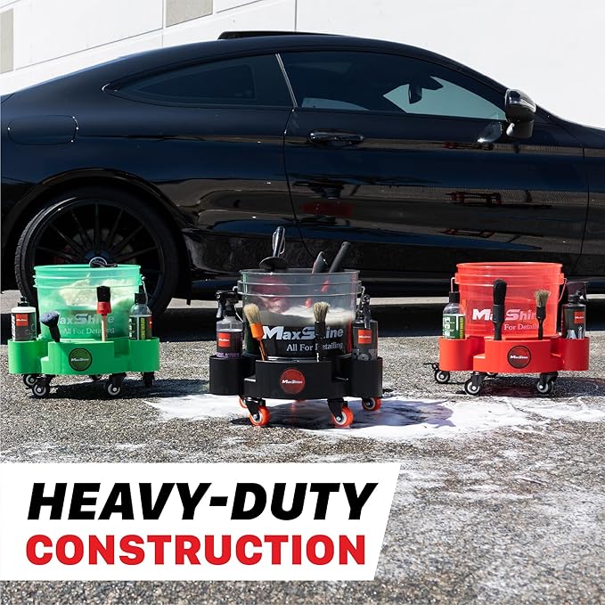 Maxshine Universal Rolling Bucket Dolly (Red) – Heavy-Duty Detailing Bucket Cart with 5 Wheels & 2 Locking Casters – Mobile Organizer for Compounds, Brushes & Car Wash Supplies