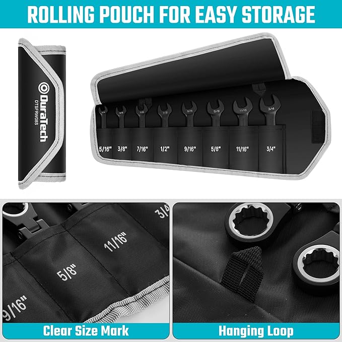 DURATECH Stubby Flex-head Ratcheting Combination Wrench Set, SAE, 8-piece, 5/16" to 3/4", CR-V Steel, Black Electrophoretic Coating, with Rolling Pouch