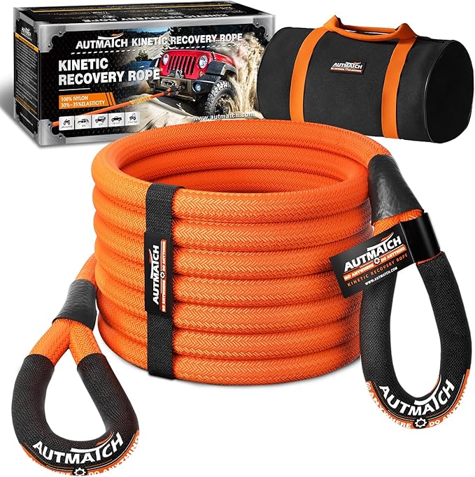 AUTMATCH Kinetic Recovery Tow Rope 7/8" x 20FT - Heavy Duty Offroad Snatch Strap 35000Lbs, 35% Elasticity Energy Recovery Tow Rope for 4x4 Off-Road Vehicle, Truck, Trailer, ATV, UTV, Orange