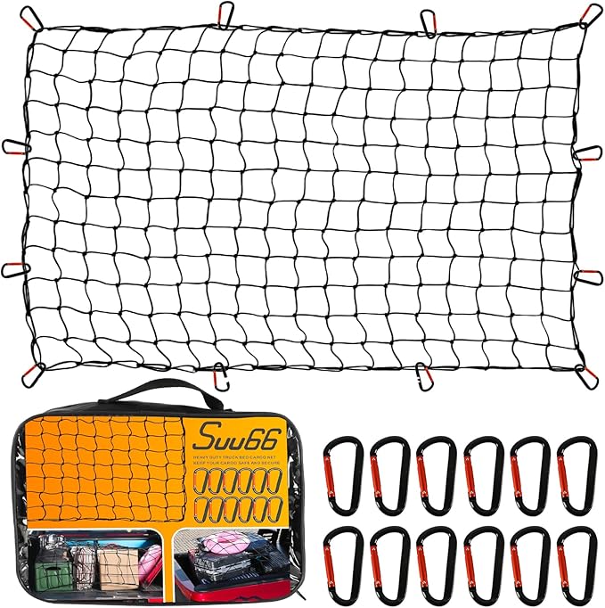 Suu66 Heavy Duty Cargo Net for Pickup Truck Bed - 4' x 6' Stretches to 12' x 18' - Sturdy Latex Bungee Net Mesh - with 12 Metal Carabiners - Truck Bed Accessories for Dodge RAM, Ford, Chevy, Toyota