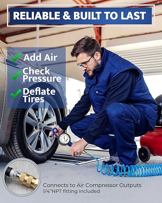 GERCHWAY Tire Inflator with Pressure Gauge and Longer Hose - Most Accurate, Heavy Duty Air Chuck with Gauge for Air Compressor Tire Inflator Attachment - 100PSI