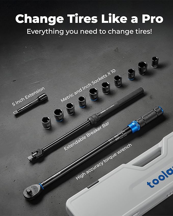 toolant 13PCS 1/2 Inch Click Torque Wrench Set, Gift for Men, 25-250 FT.-LB/33.9-339.0 Nm, With Breaker Bar & 5-Inch-Extension & 10 Sockets, Tire Repair Tool Set