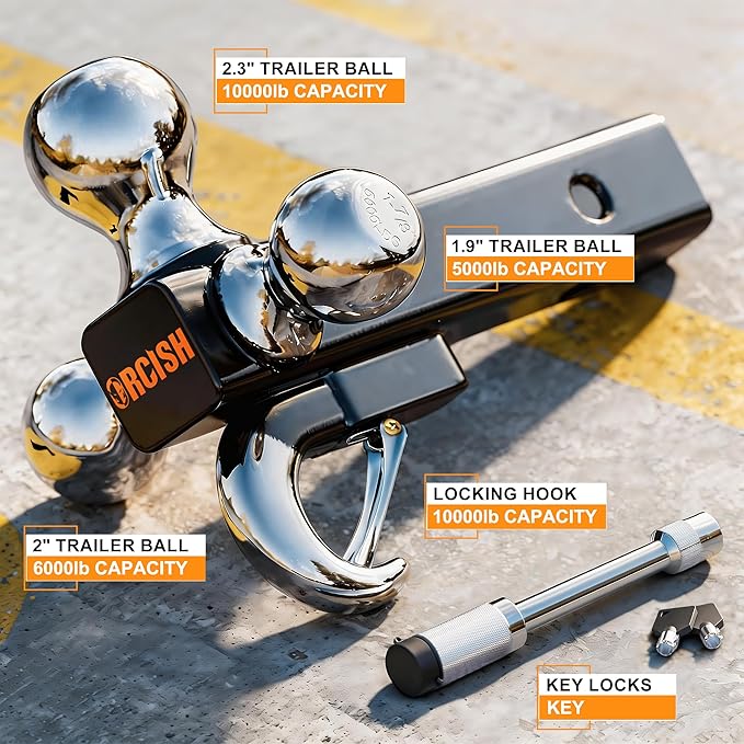 ORCISH Tri-Ball Trailer Hitch with Self-Lock Latch & Hook, Chrome Trailer Ball Size 1-7/8", 2" and 2-5/16", Fit 2 Inch Hitch Receiver, Anti-Theft Locking Tow Hitch Mount, 10,000 lbs Max Capacity