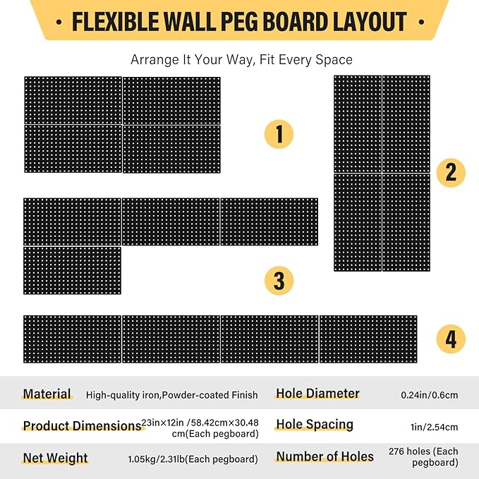 DEWEL Peg Board, 23" x 12" Metal Pegboard Wall Organizer Kit, 4 Pack Pegboard Panels with 20 Hooks,Black Pegboard Tool Wall Organizer System for Garage and Garden(4pcs black)