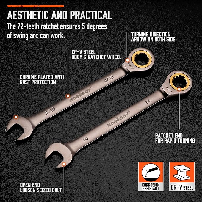 HORUSDY 24-Piece Ratcheting Wrench Set | Metric and SAE | Ratchet Combination Wrenches Set with Organizer | 72-Teeth | Chrome Vanadium Steel | 8-19 mm & 1/4” to 7/8“