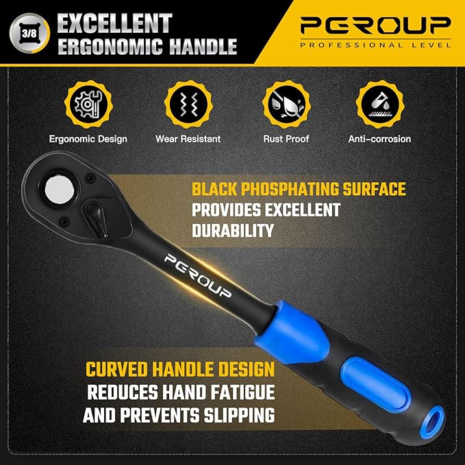 3/8" Drive 90 Tooth Ratchet Wrench, Quick Release Ratchet Wrench with Ergonomic Rubber Handle, 4-Degree Swing Reversible Ratchet, Chrome Alloy Made