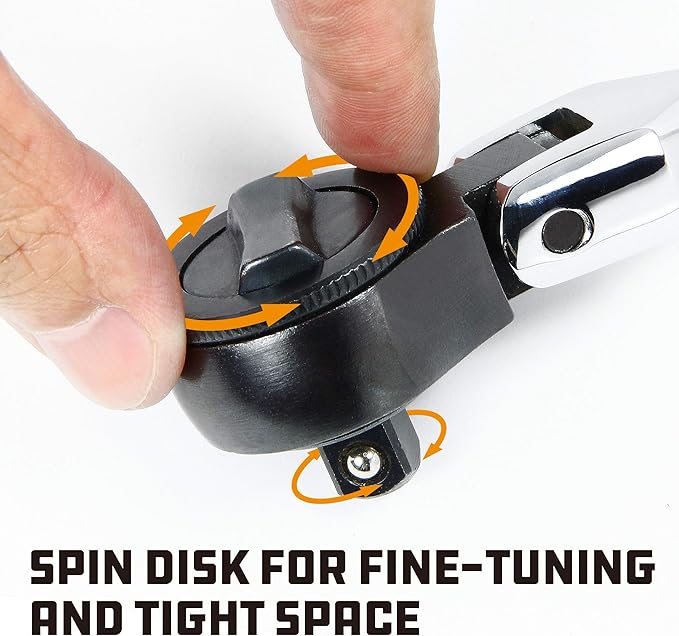 Powerbuilt 3/8" Drive Flex-Head Ratchet Handle, Spin Disc Ratchet for one-finger spin-down and off, Full length spiral-machined Handle - 641506