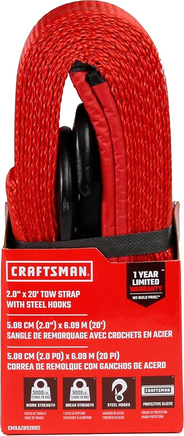 Craftsman CMXAZBS2002 Black/Red 2” x 20’ Recovery Tow Strap with Coated Steel Hook Clip Ends - 3,000 lb Safe Wortking Load / 9,000 lb Break Strength