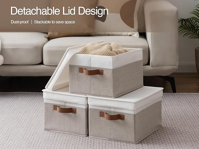 StorageWorks Storage Bins with Lids, Decorative Storage Boxes with Lid and PU Handles, Foldable Storage Baskets for Closet, Shelves, Stackable, Brown and White, 3-Pack