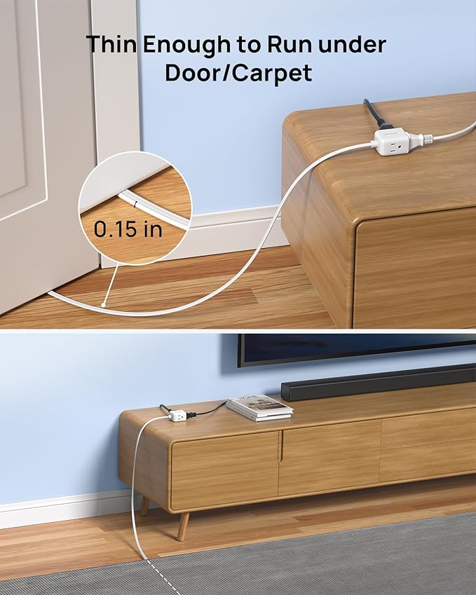 TROND Flat Extension Cord 15ft - Right Angled Flat Plug Power Strip, ETL Listed, 3 Plug Extension Outlets, Three Prong, SPT 16/3 Gauge Cable, 13 Amps, Compact for Indoor Home Office Kitchen, White