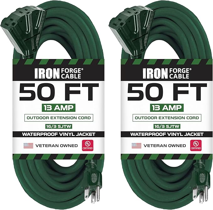 Iron Forge Cable 2 Pack 50ft Green Outdoor Extension Cord with 3 Outlets - 16/3 SJTW 50ft Extension Cord, 13 Amp All-Weather Heavy Duty Power Cable