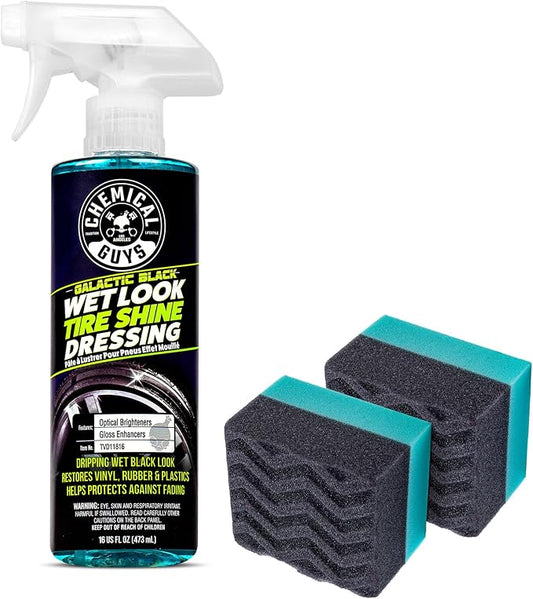 Chemical Guys Galactic Black Wet Look Tire Shine Dressing, 16 fl oz + Wonder Wave Durafoam Contoured Large Tire Dressing Applicator Pad, Pack of 2 - HOL457