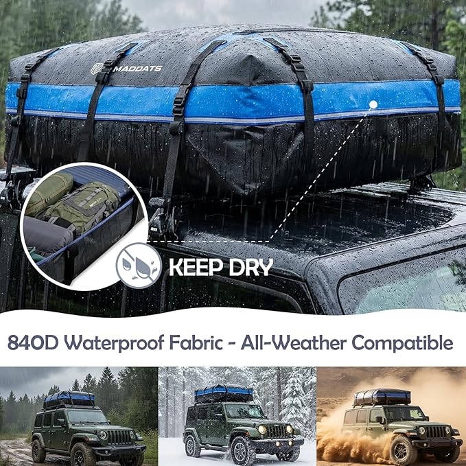 Rooftop Cargo Carrier, 22 Cubic Ft Car Roof Cargo Carrier for All Vehicles, 840D Waterproof Car Top Carrier with Anti-Slip Mat, 6 Hooks, Storage Bag,Zipper Lock for Tripping & Moving - Blue
